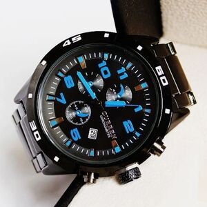 Curren Men's Black and Blue Chronograph Watch
